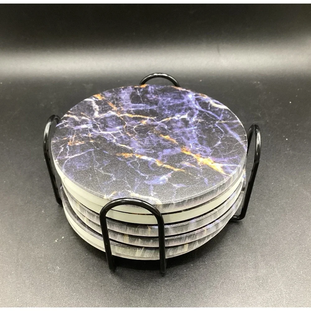 Absorbent Coasters Ceramic Set of‎ 6 with Black Marble Cork Backing w/ Holder